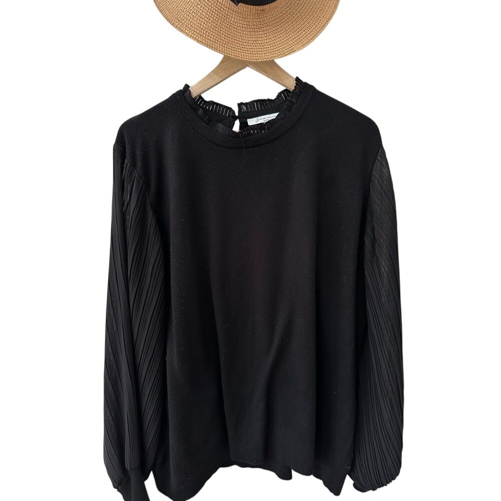 Siani Milano‎ Knit Top 2X Black Pleated Chiffon Balloon Sleeve Mixed Media